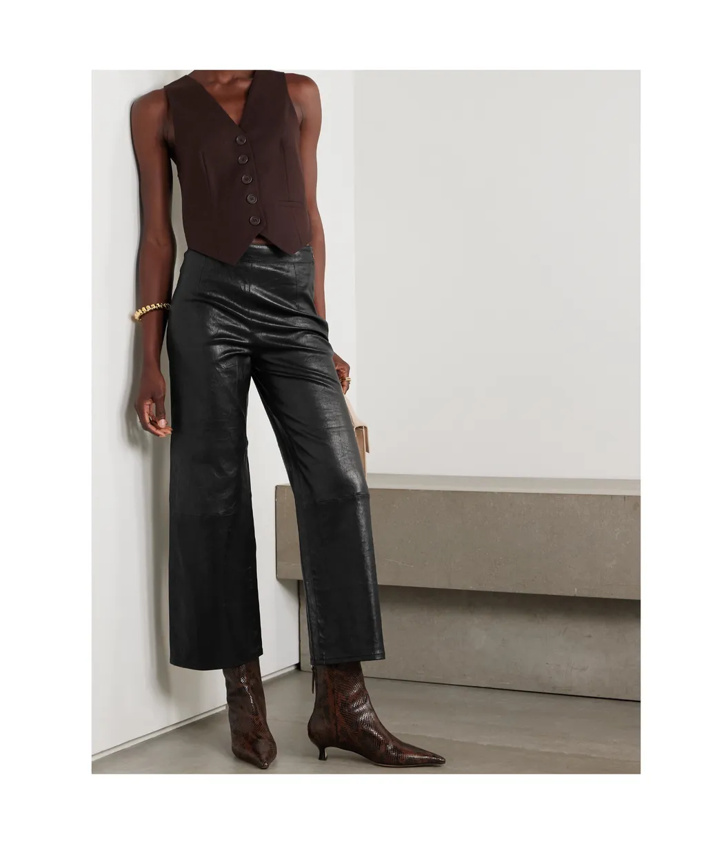 Ruffled High-Waisted Wide-Leg Nine-Inch Leather Pants