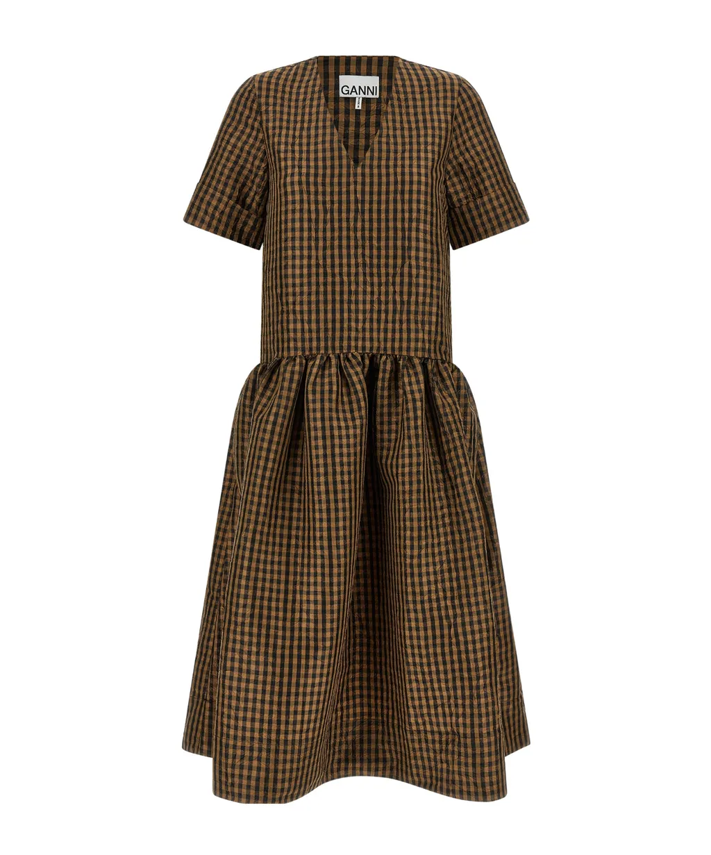 Ganni Crinkled Check Long Dress