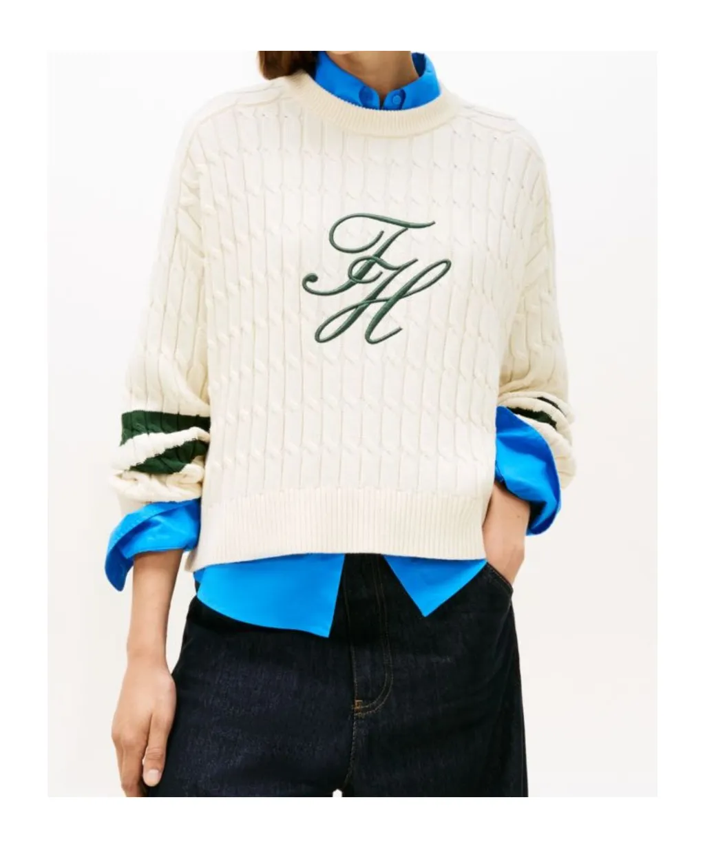 Logo Embroidery Relaxed Cable Knit Jumper