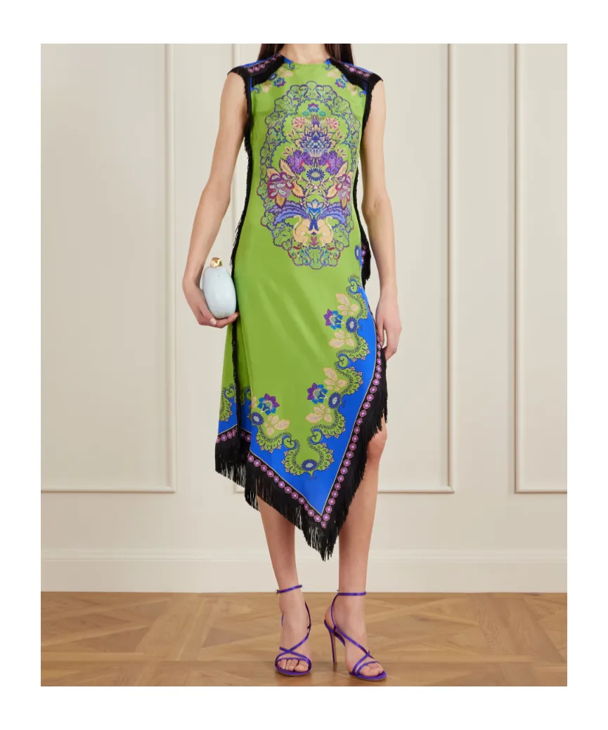 Fringed Asymmetric Printed Silk Midi Dress