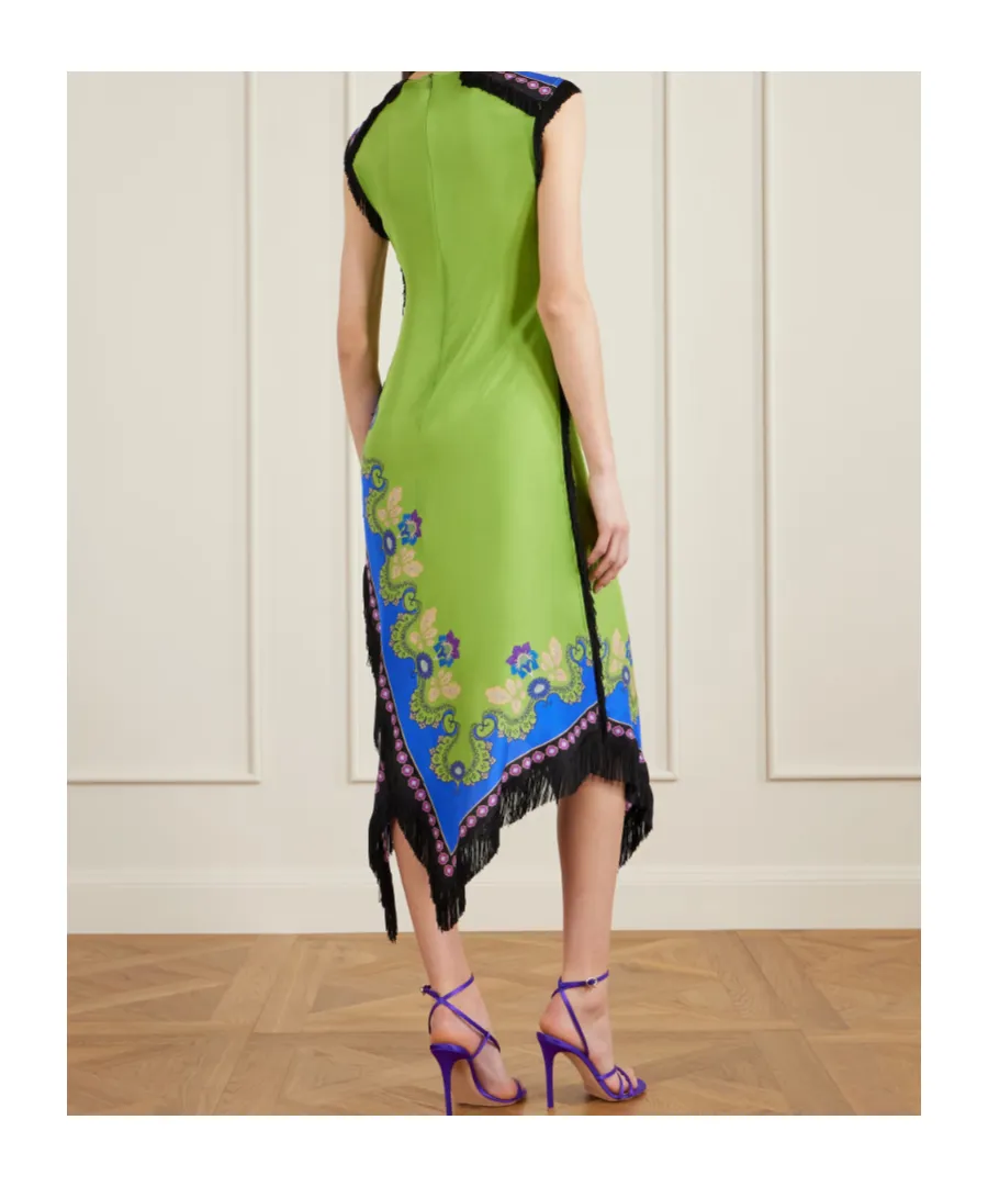 Fringed Asymmetric Printed Silk Midi Dress
