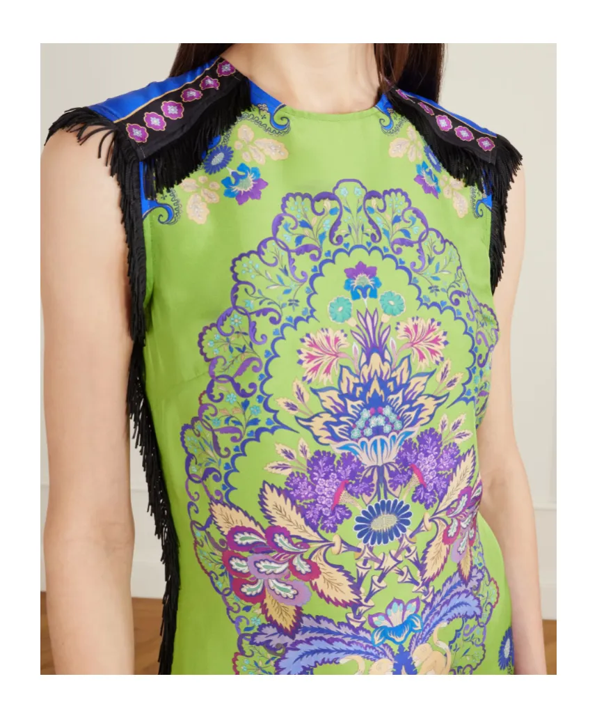 Fringed Asymmetric Printed Silk Midi Dress