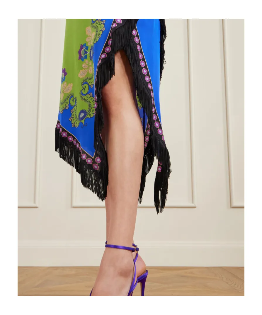 Fringed Asymmetric Printed Silk Midi Dress