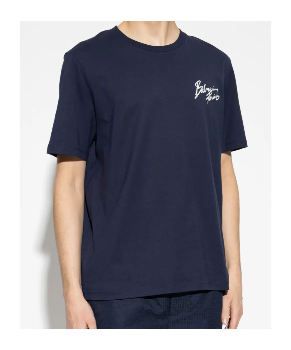 Balmain Logo Brush Printed Crewneck T-Shirt