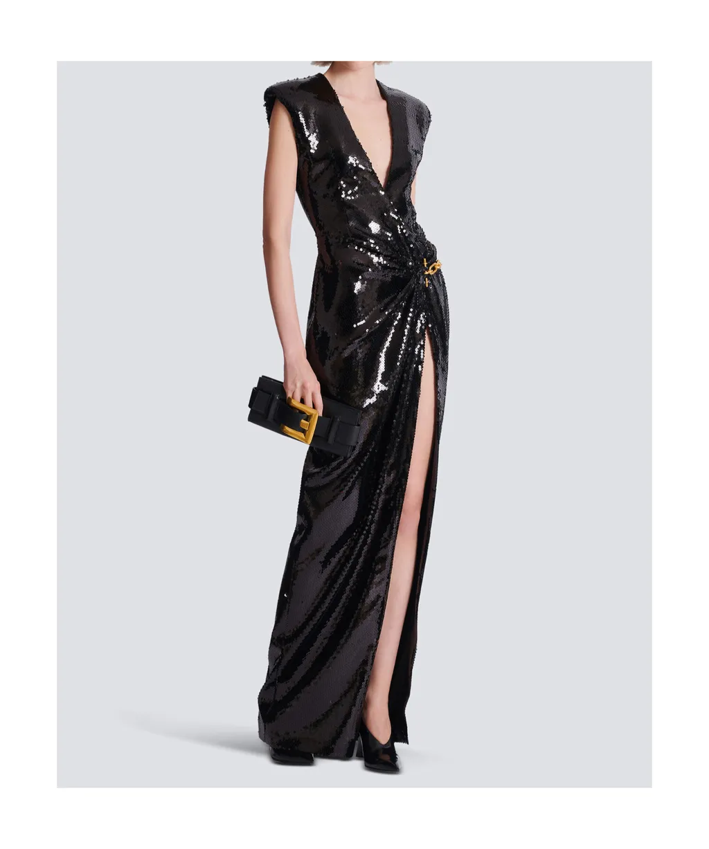 Balmain Embellished Detail Long Draped Sequin Dress