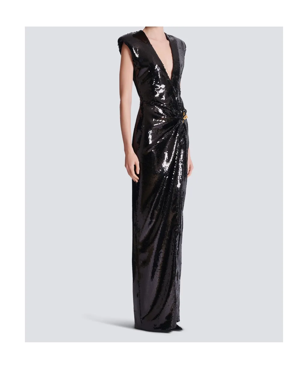 Balmain Embellished Detail Long Draped Sequin Dress