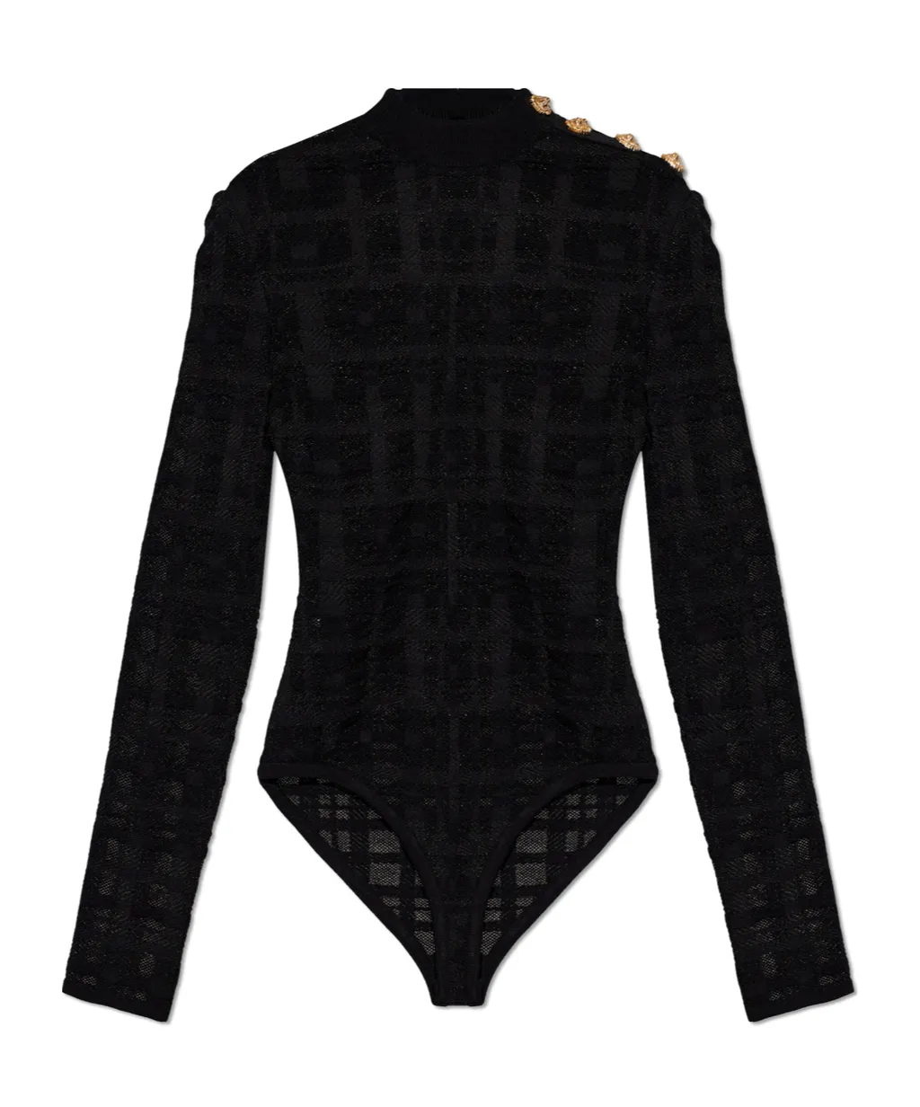 Balmain Plaid Knit 3-Button Bodysuit