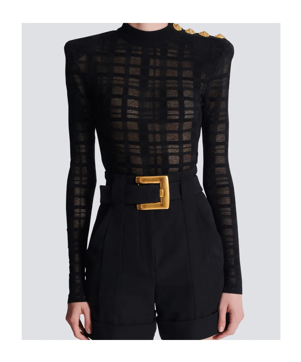 Balmain Plaid Knit 3-Button Bodysuit