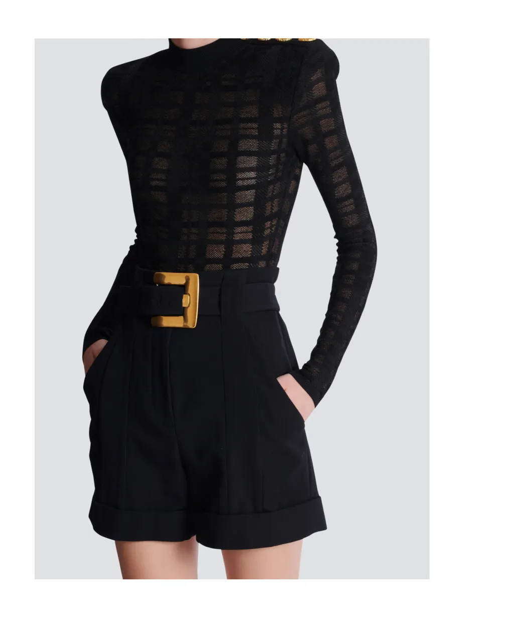 Balmain Plaid Knit 3-Button Bodysuit