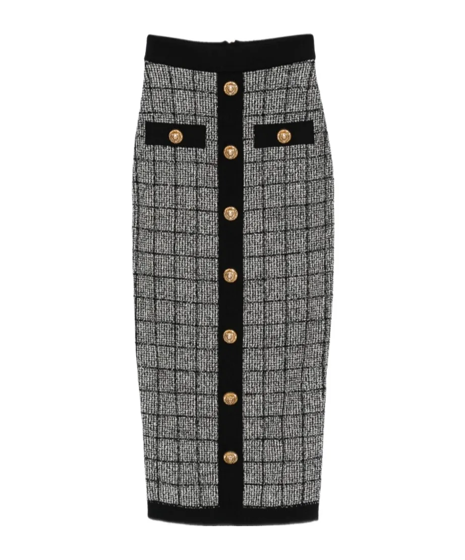 Button Check Midi Skirt