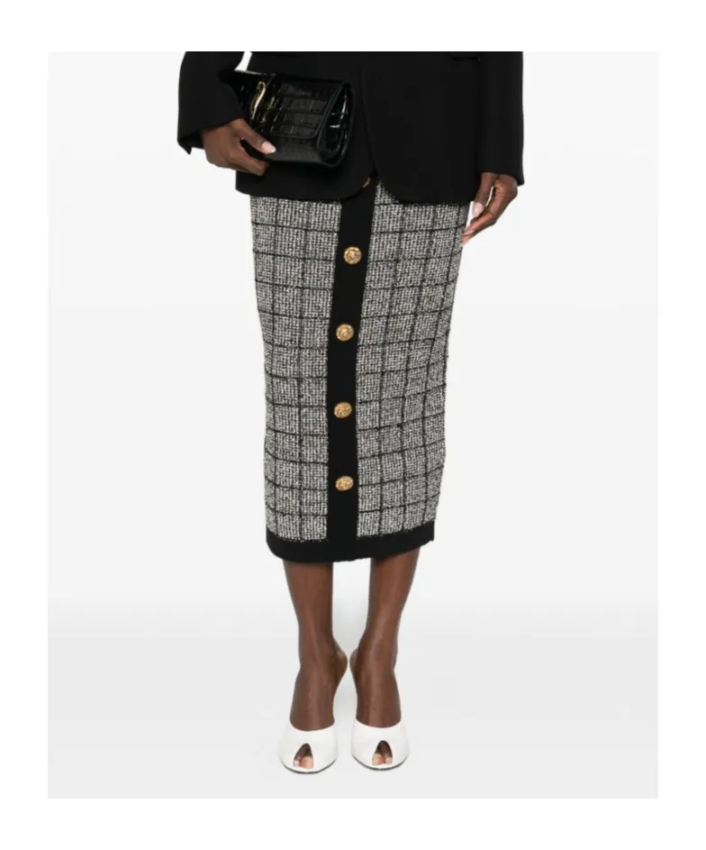 Button Check Midi Skirt