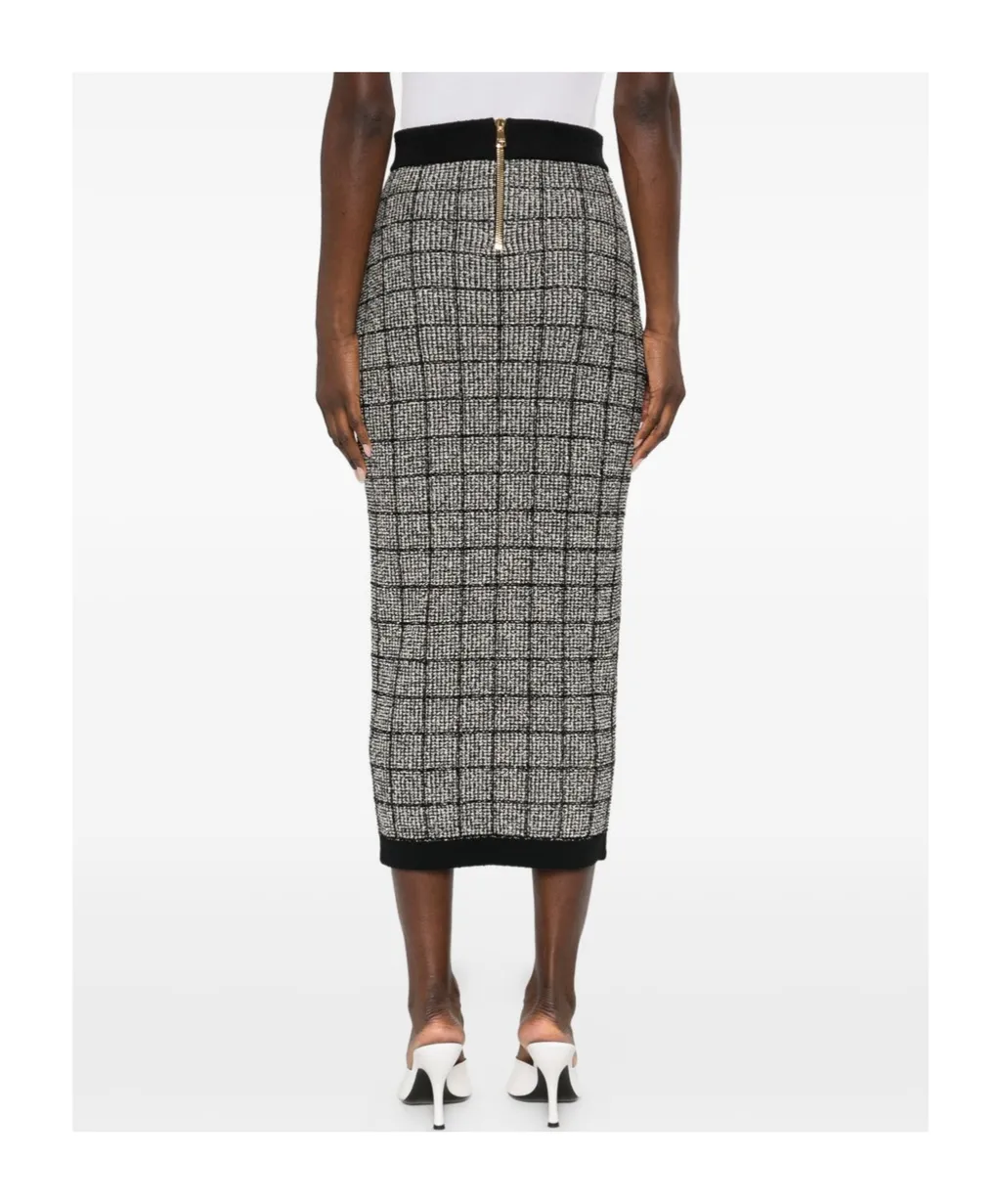 Button Check Midi Skirt