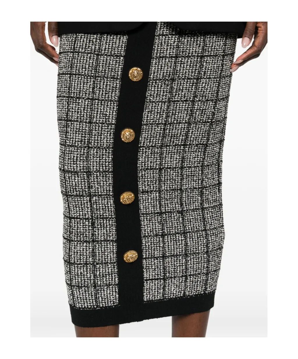 Button Check Midi Skirt