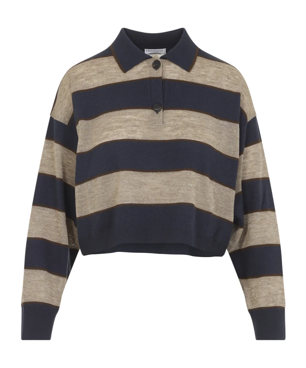 Brunello Cucinelli Shimmering Striped Cropped Knit Polo Shirt