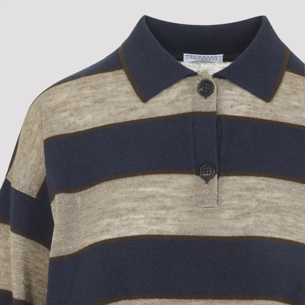 Brunello Cucinelli Shimmering Striped Cropped Knit Polo Shirt