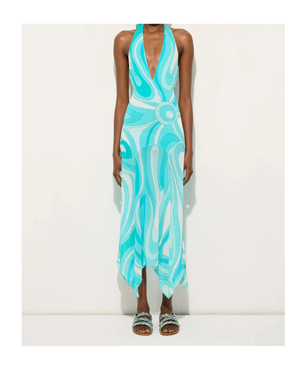 Marmo-Print V-Neck Asymmetric Dress