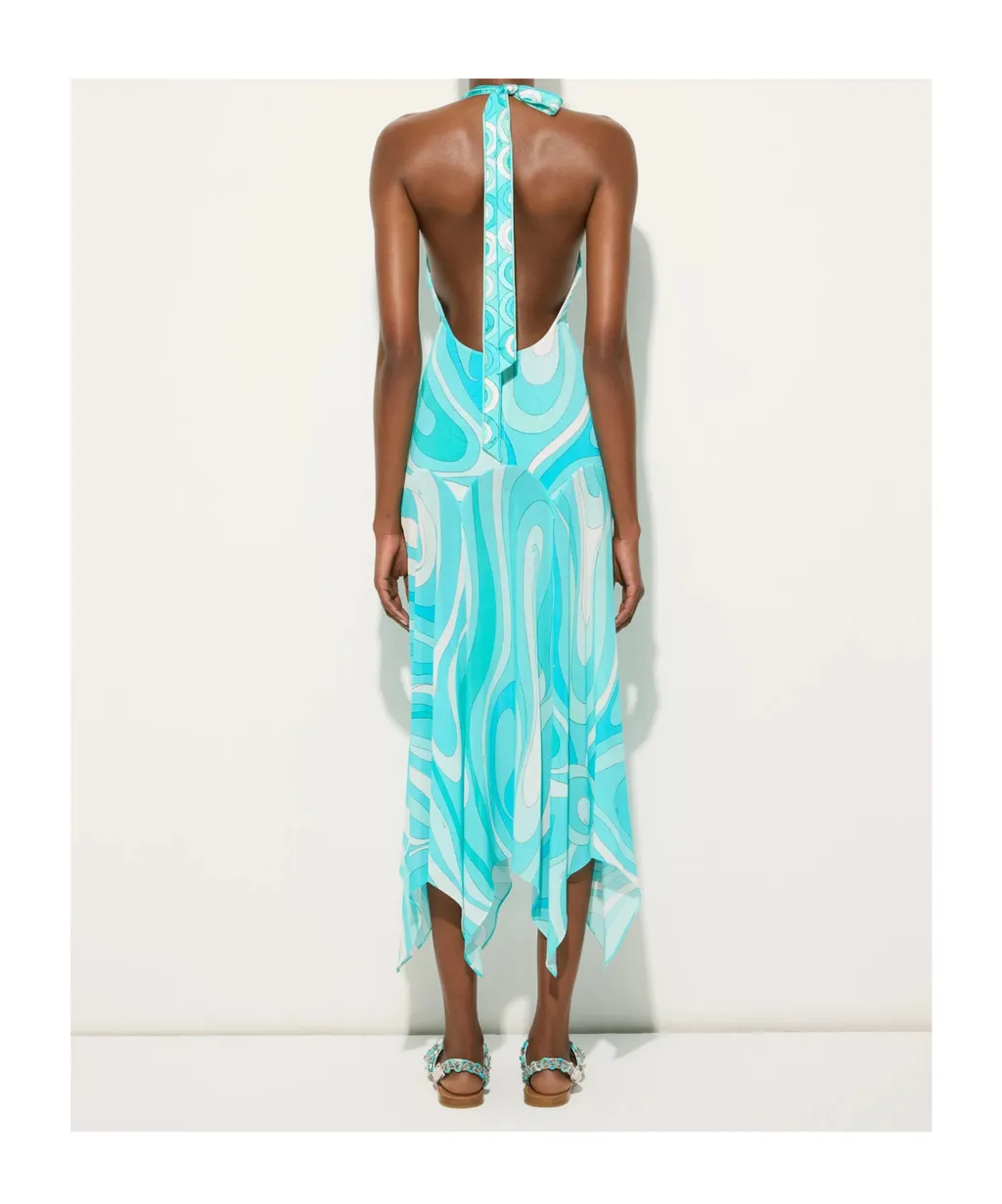 Marmo-Print V-Neck Asymmetric Dress