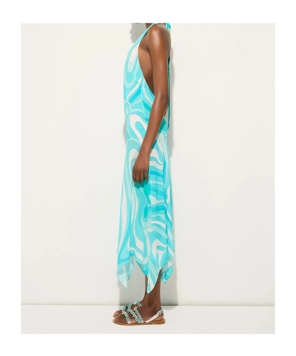 Marmo-Print V-Neck Asymmetric Dress