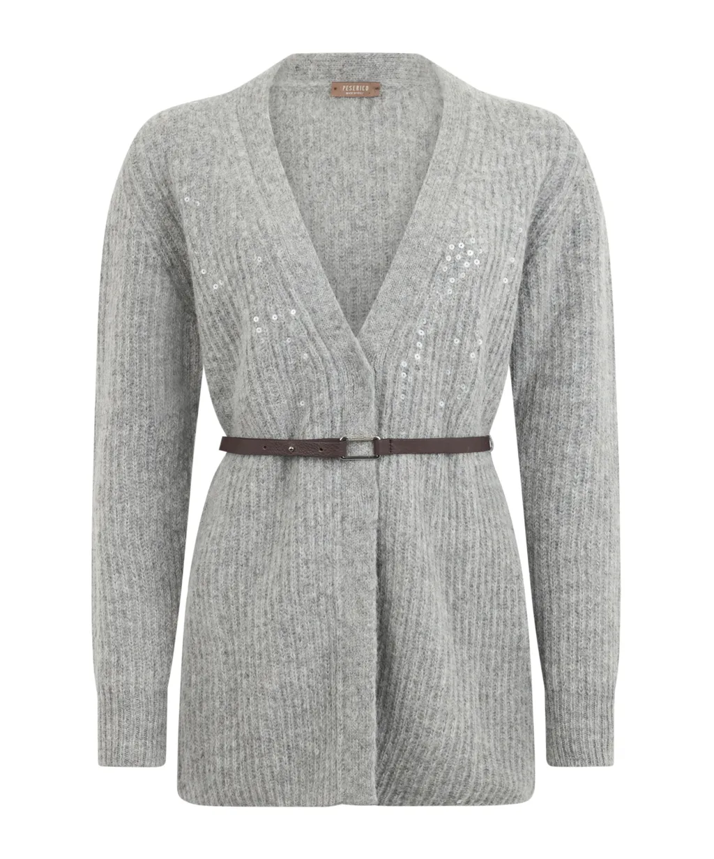 Sequin-Embellished Belted Cardigan