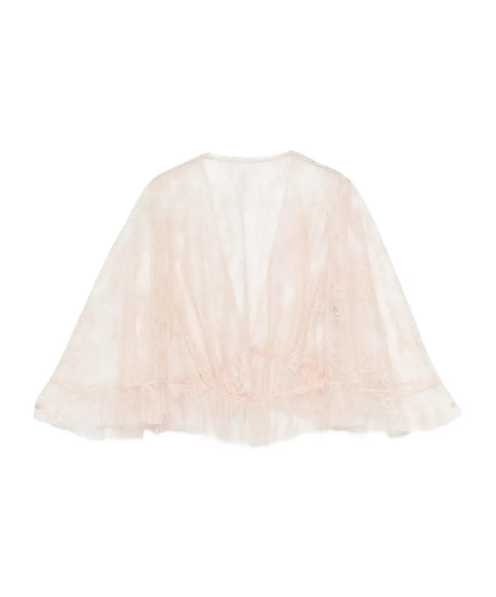 Lace Cropped Top Sheer Flared Sleeves Drawstring