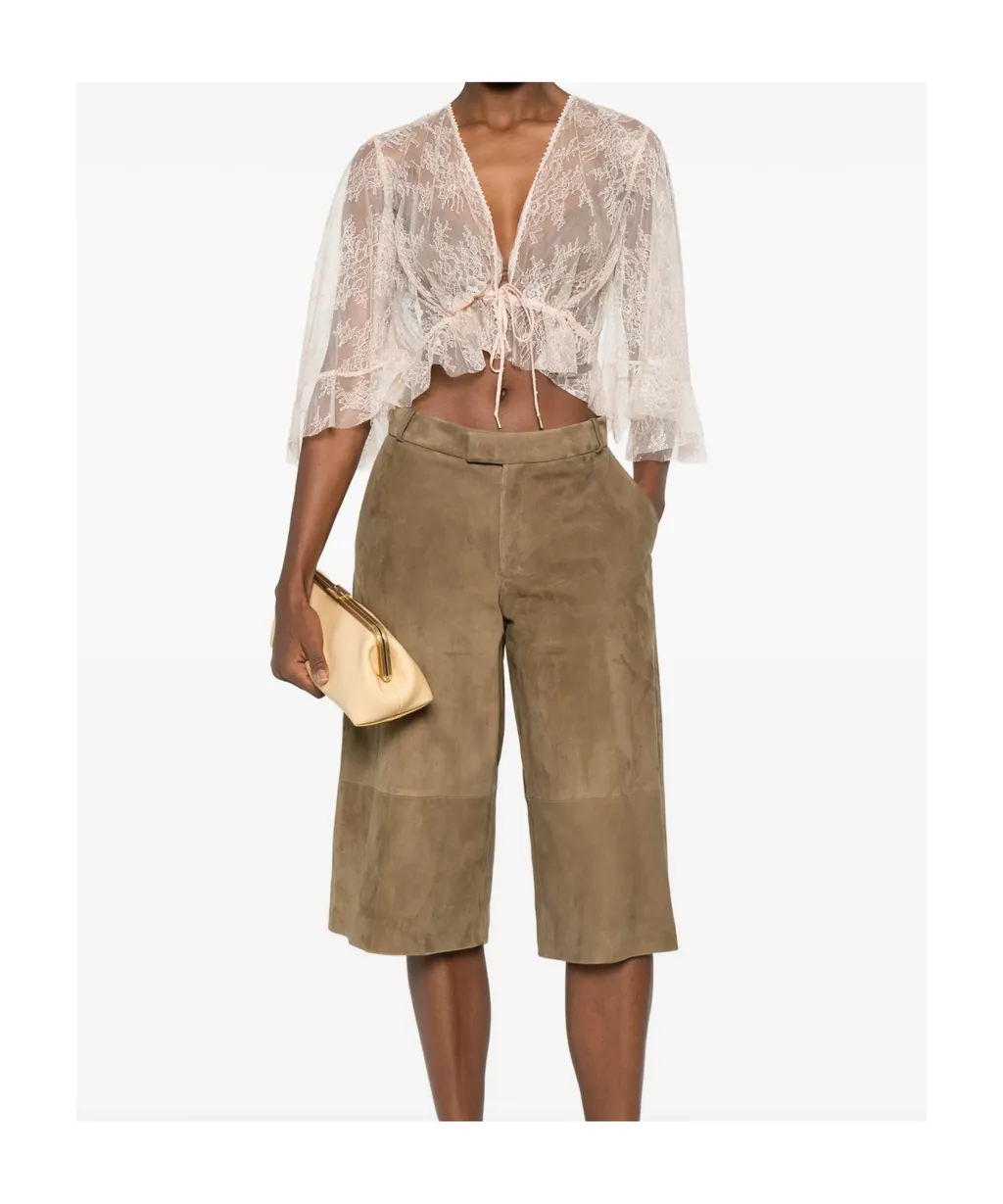 Lace Cropped Top Sheer Flared Sleeves Drawstring