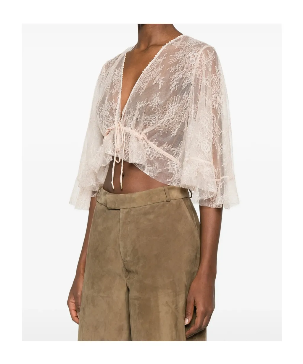 Lace Cropped Top Sheer Flared Sleeves Drawstring