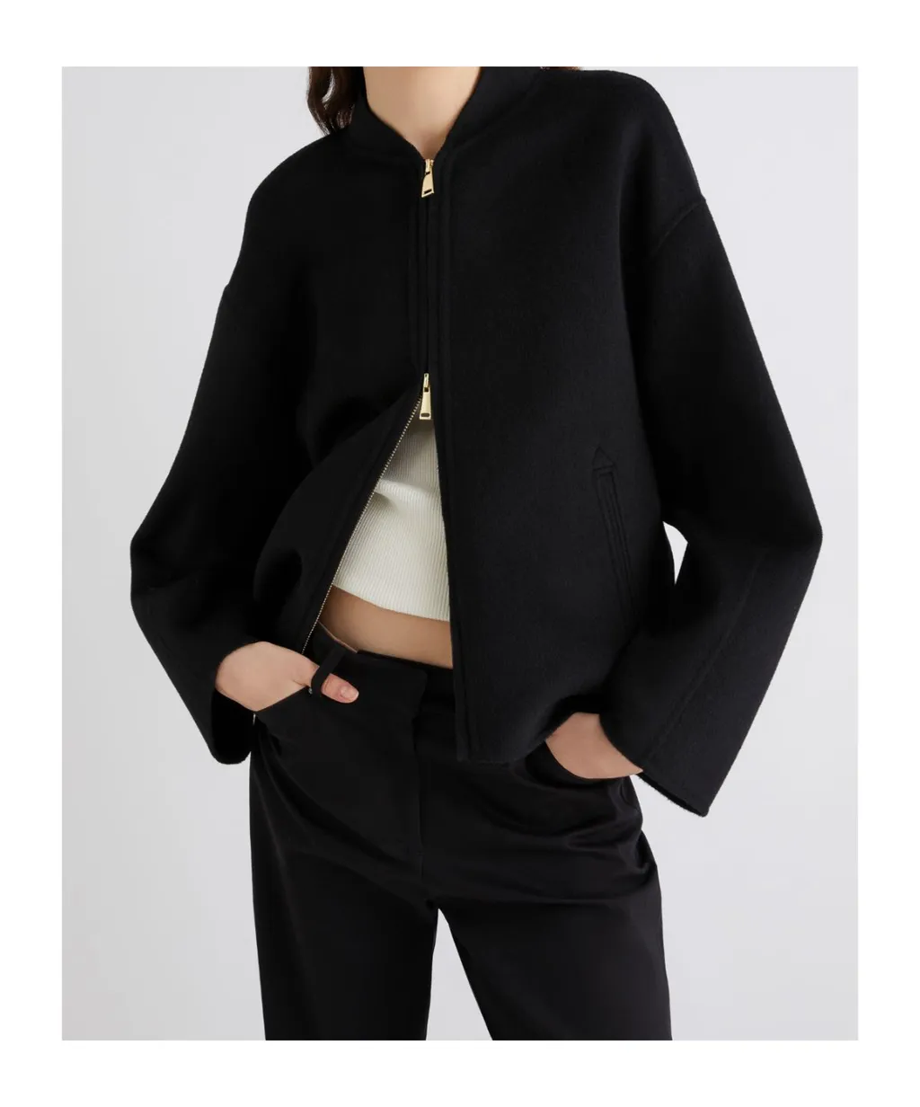 Pure Wool Bomber Jacket - Black