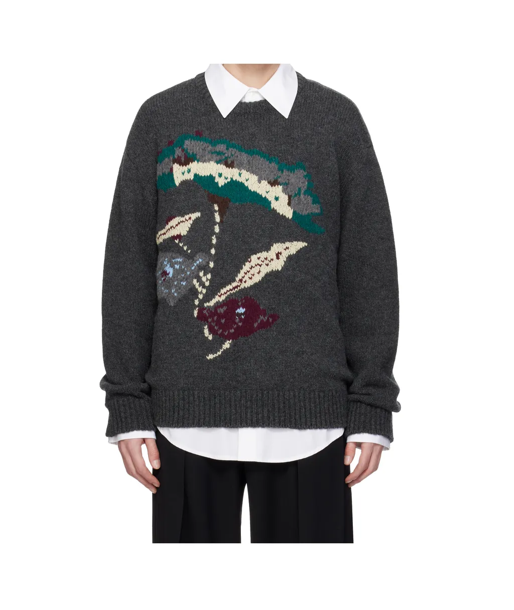 Gray Flower Jacquard Wool Sweater