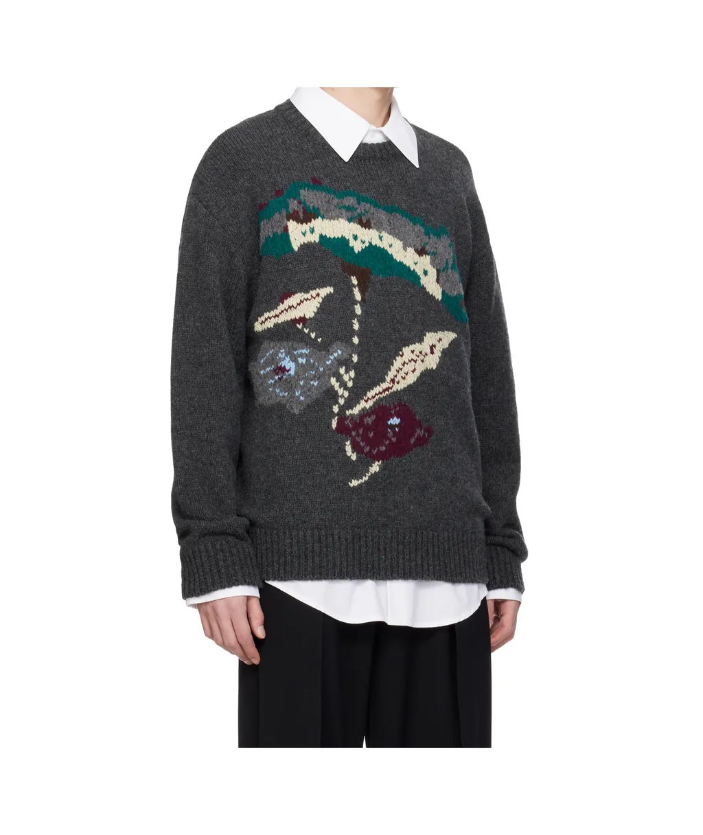 Gray Flower Jacquard Wool Sweater