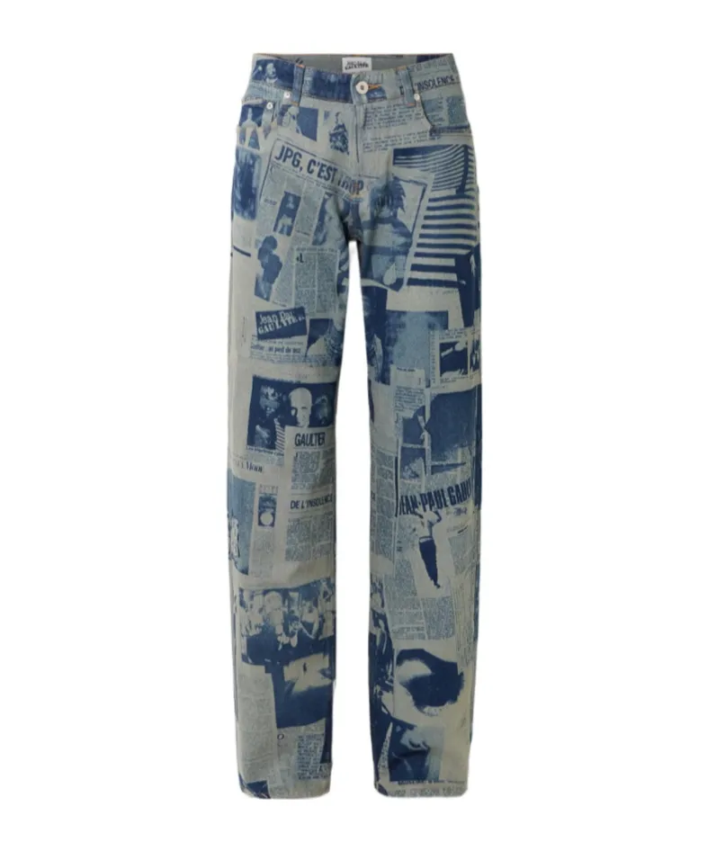 Newspaper-Print Straight Jeans