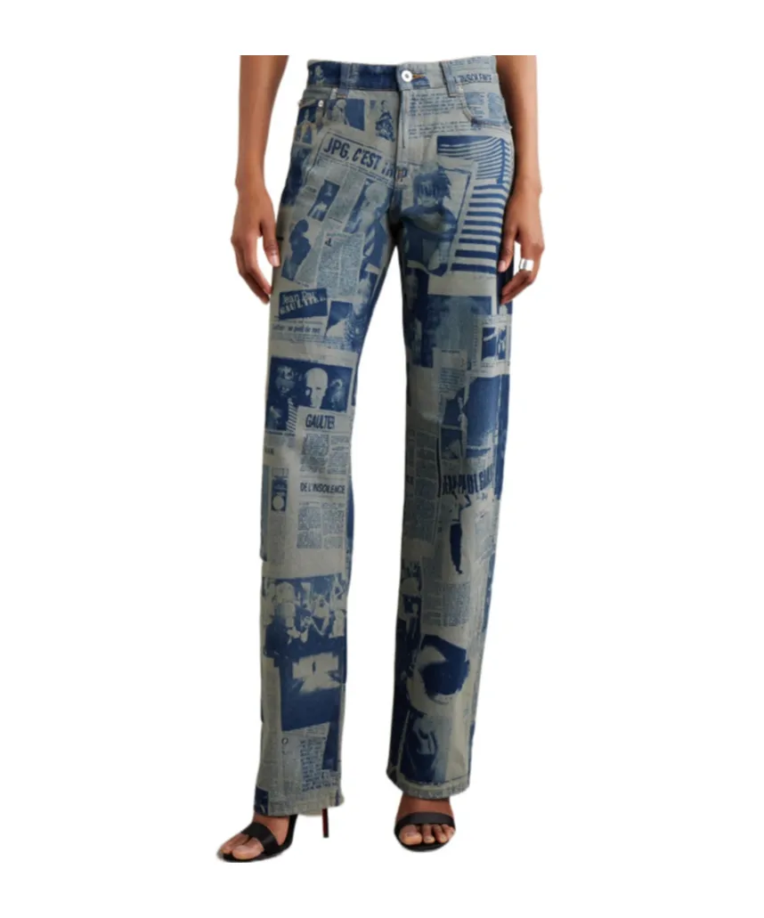 Newspaper-Print Straight Jeans