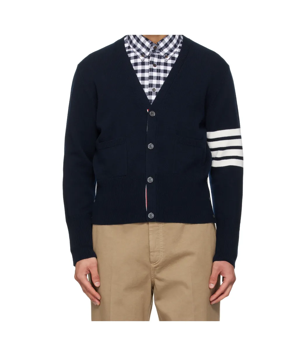 Thom Browne 4 Bar Stripe V-Neck Button-Up Cardigan