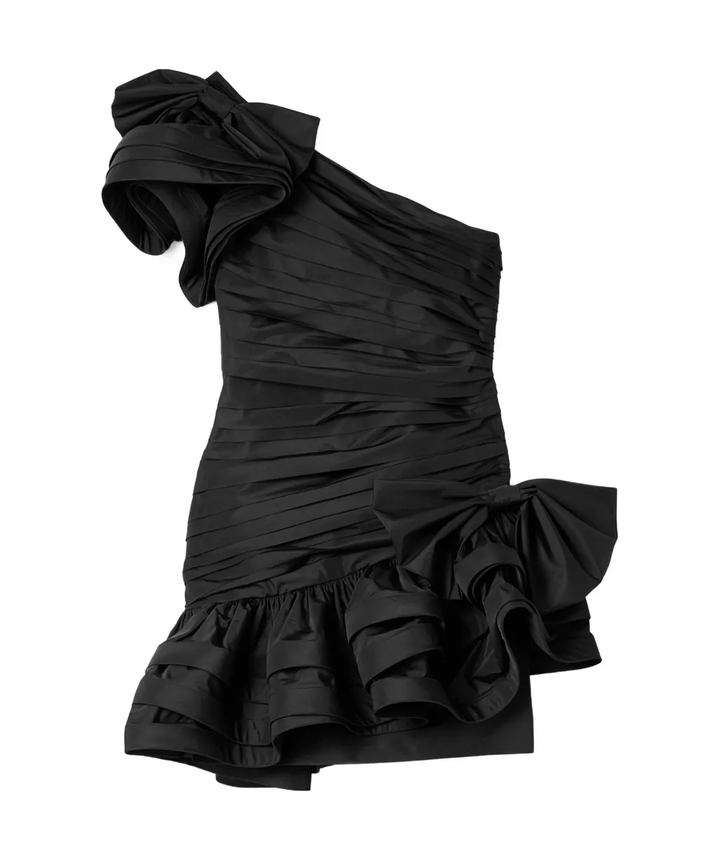 One-Shoulder Bow-Embellished Ruched Taffeta Mini Dress