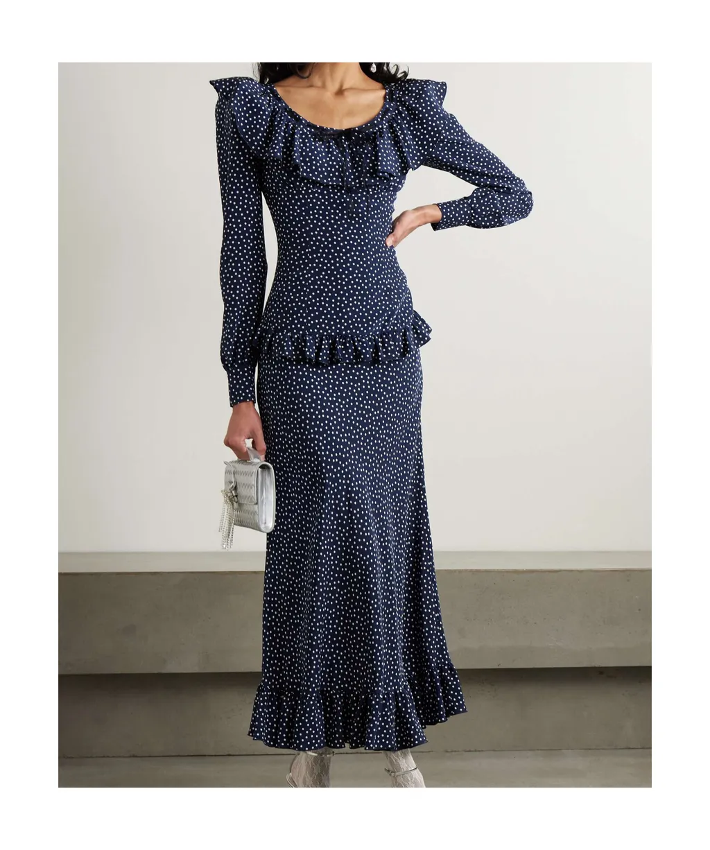Ruffled Polka-Dot Silk Crepe De Chine Midi Dress
