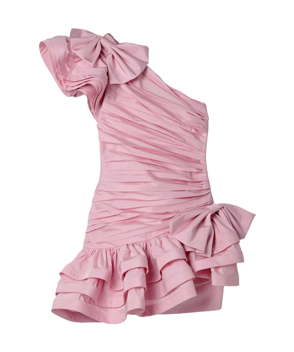 One-Shoulder Bow-Embellished Ruched Taffeta Mini Dress