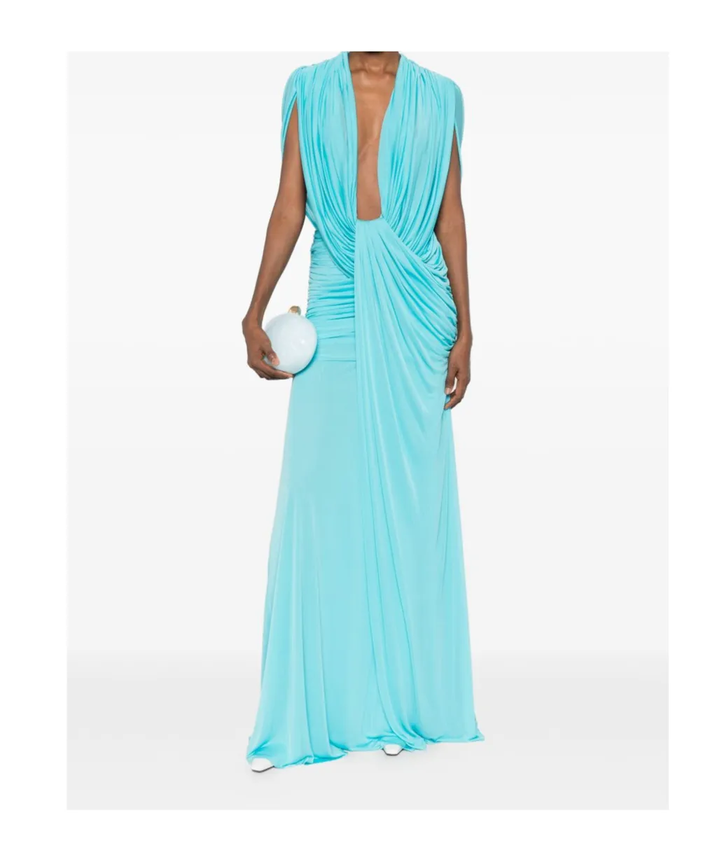 Bright Blue Ruched Deep V-Neck Maxi Dress