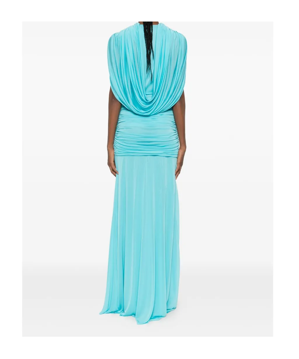 Bright Blue Ruched Deep V-Neck Maxi Dress