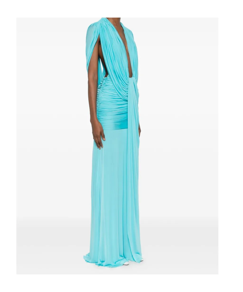Bright Blue Ruched Deep V-Neck Maxi Dress