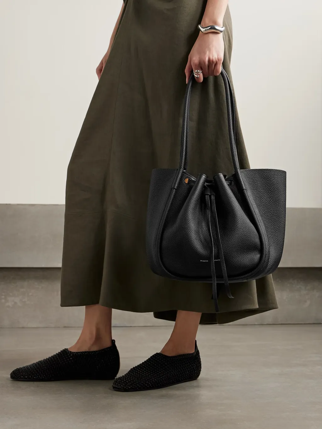Large Ruched Textured-Leather Tote