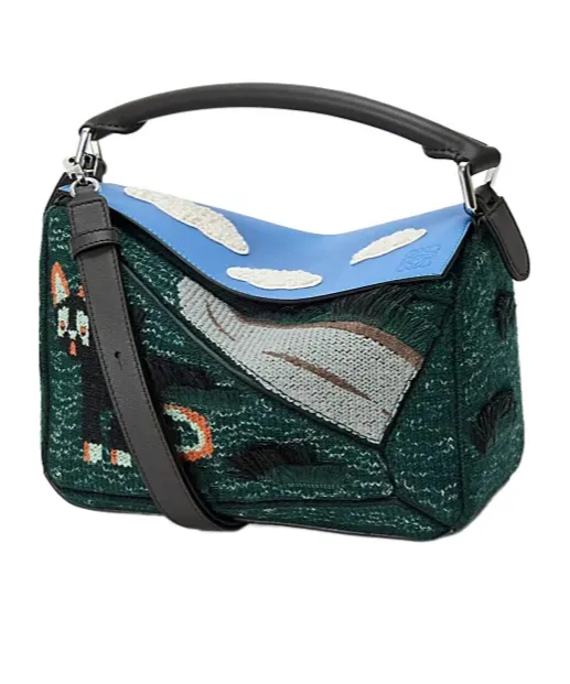 Petit Sac Puzzle Futurist Cat En Maille BrodÉE Et Cuir De Veau