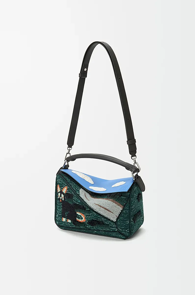 Petit Sac Puzzle Futurist Cat En Maille BrodÉE Et Cuir De Veau
