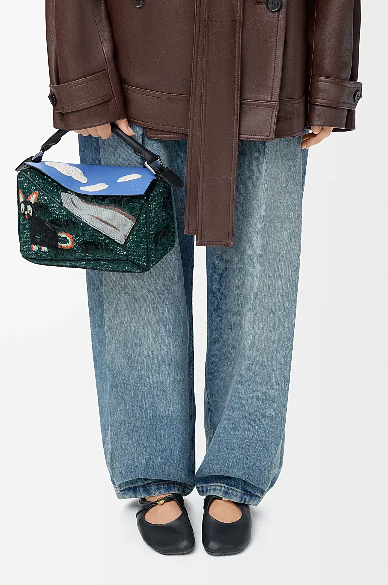 Petit Sac Puzzle Futurist Cat En Maille BrodÉE Et Cuir De Veau