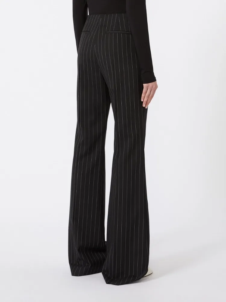 Flared Pinstripe Wool Trousers - Black