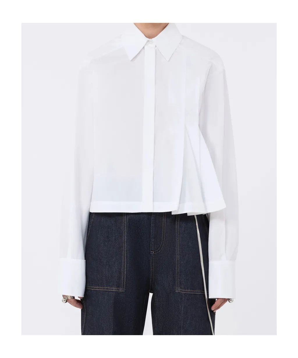 Cropped Poplin Shirt With Asymmetrical Pleats - Optical White