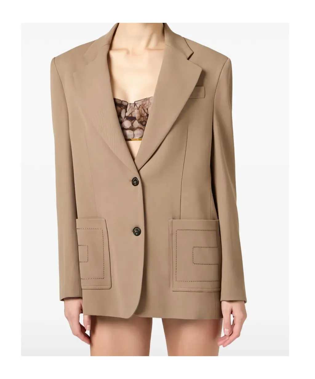 Embroidered-Pocket Single-Breasted Blazer