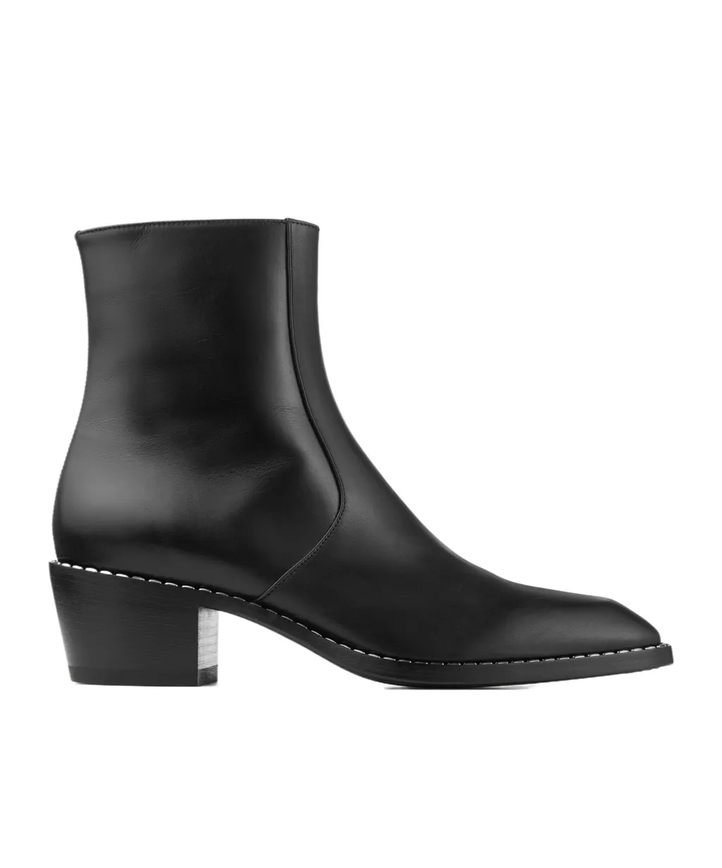 Black Calf Leather Ankle Boots With Metal Detail