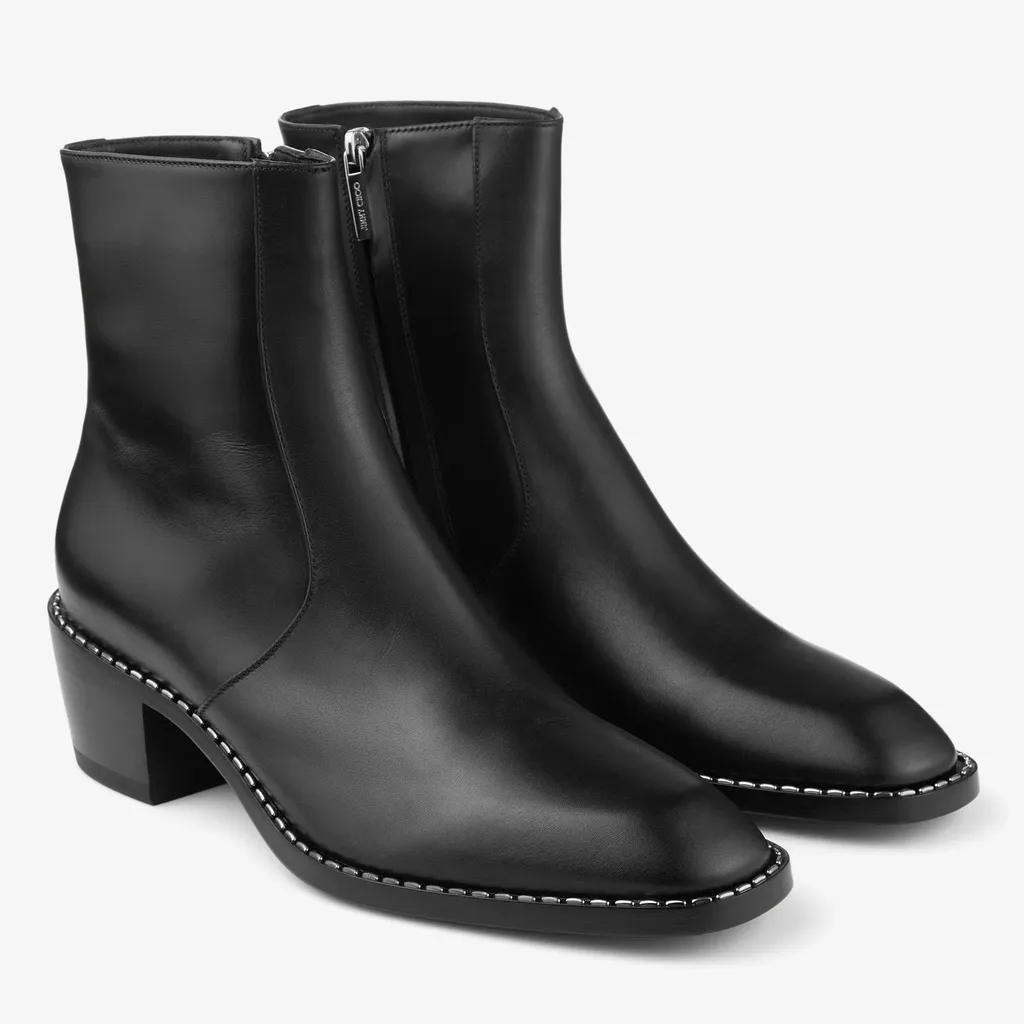 Black Calf Leather Ankle Boots With Metal Detail