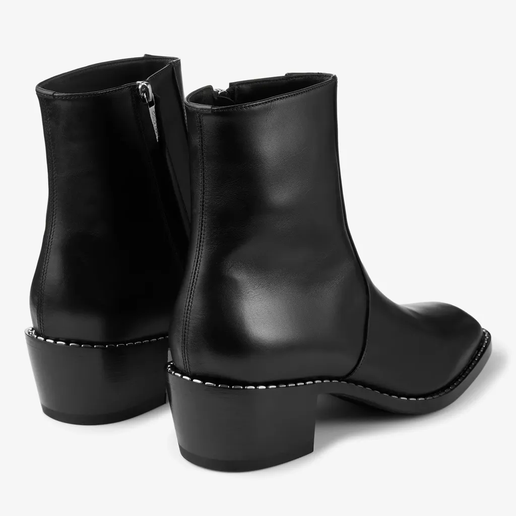 Black Calf Leather Ankle Boots With Metal Detail