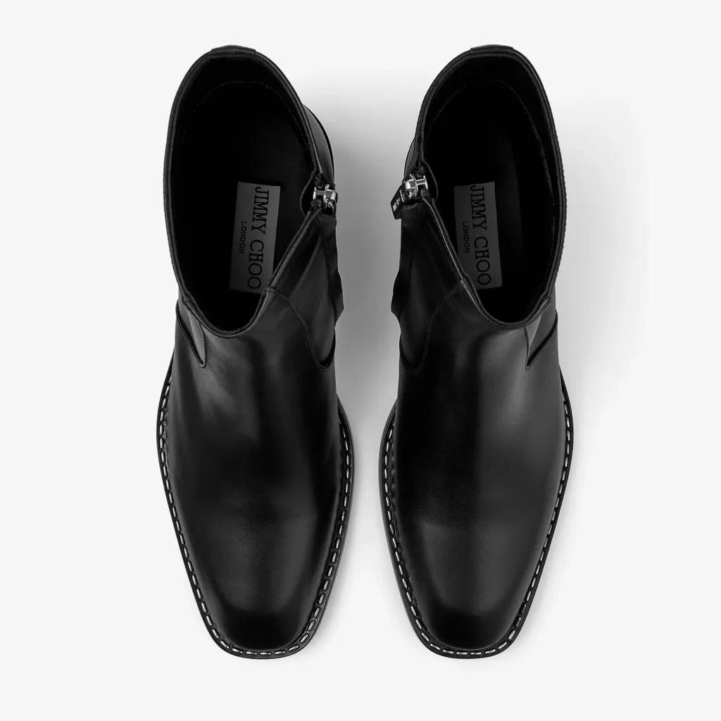 Black Calf Leather Ankle Boots With Metal Detail