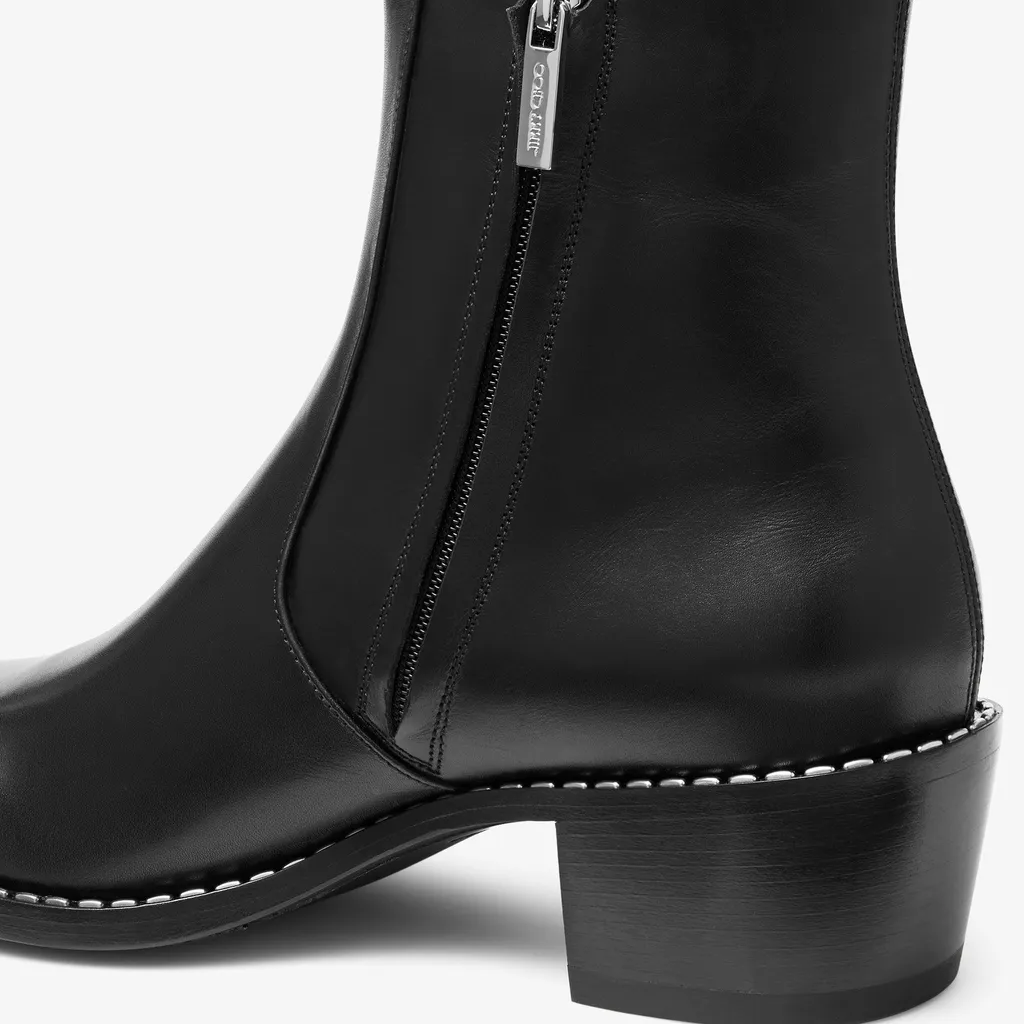 Black Calf Leather Ankle Boots With Metal Detail